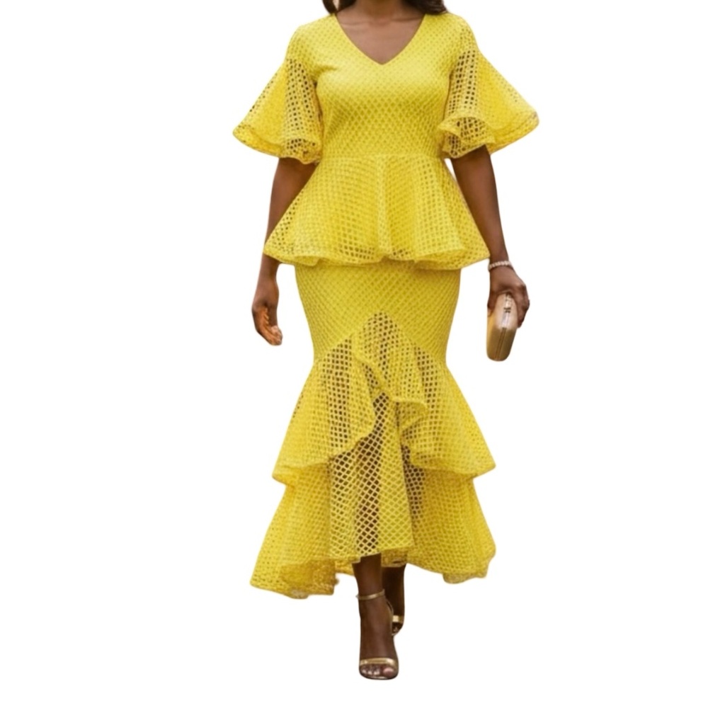 #A292  FT INC BOLD GLAMOUR FEMININE CHIC YELLOW MESH  2PC SKIRT SET NWT M